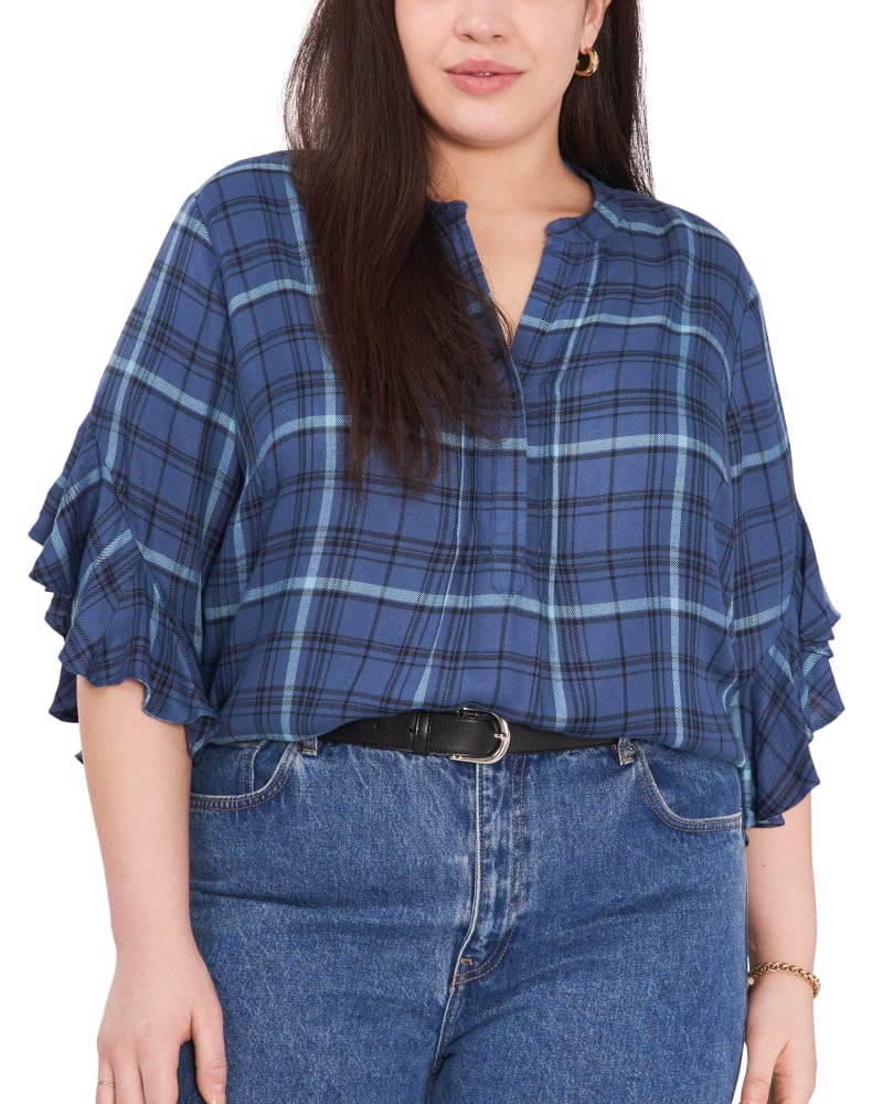 Front of a model wearing a size 1X Chloe Plaid Blouse in BLUEBERRY by Vince Camuto. | dia_product_style_image_id:261511